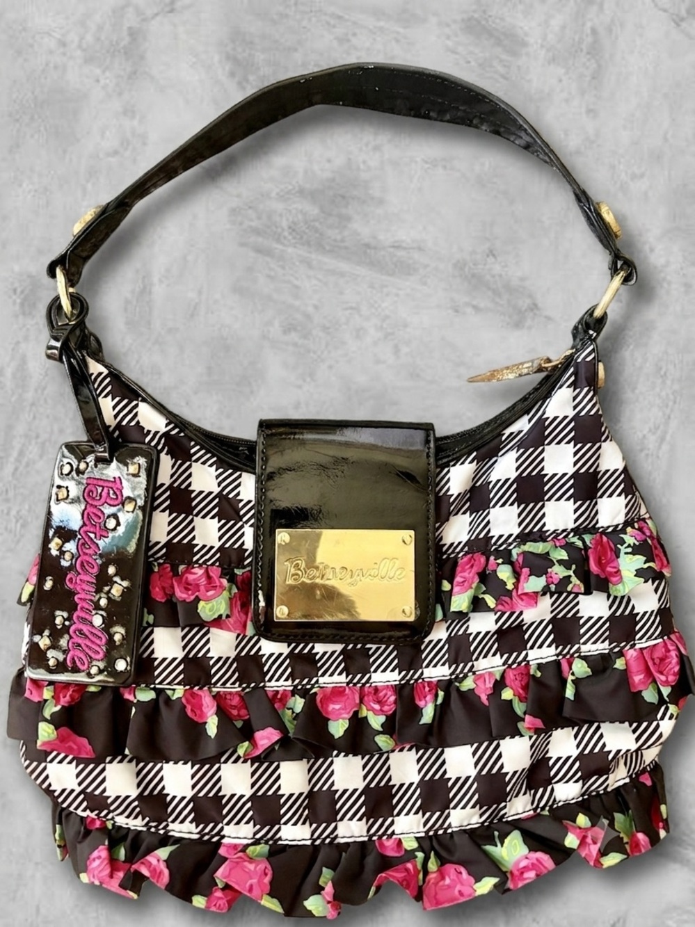Betsey Johnson Betseyville Black & White Gingham Purse w/ Pink Roses🌹 Whimsigoth
